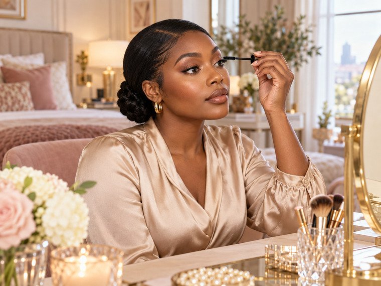 Black woman applying mascara carefully at a cream and blush vanity