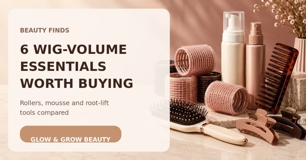 Glow & Grow Beauty Facebook thumbnail showing wig-volume tools with the headline 6 Wig-Volume Essentials Worth Buying.
