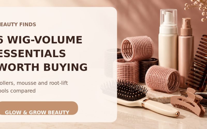 Glow & Grow Beauty Facebook thumbnail showing wig-volume tools with the headline 6 Wig-Volume Essentials Worth Buying.