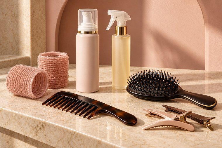 Unbranded wig-volume essentials arranged on a cream vanity, including rollers, combs, clips, mousse and root-lift spray.