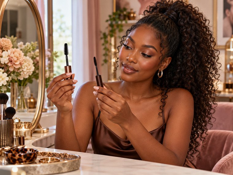 Black woman comparing two unbranded mascara brush shapes at a cream and blush vanity