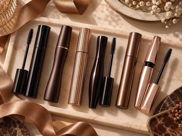 Six unbranded mascara tubes and brushes arranged on a cream and bronze vanity tray