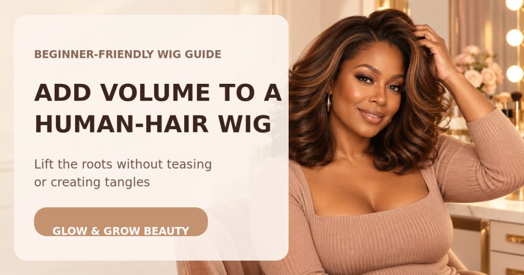 Glow & Grow Beauty Facebook thumbnail showing a brown-skinned woman with a voluminous chestnut wig and the headline Add Volume to a Human-Hair Wig.