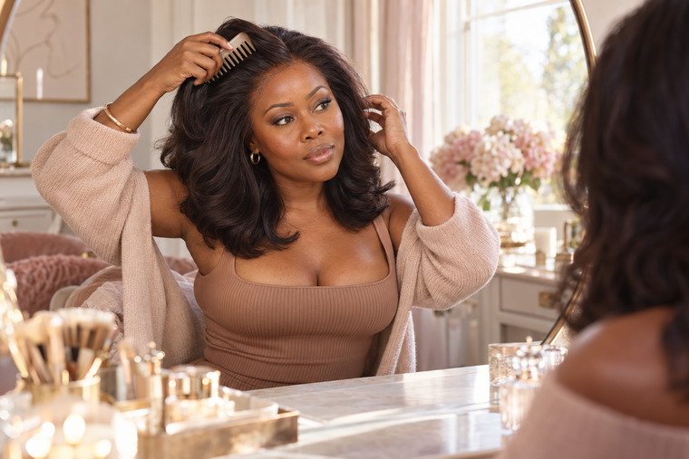 Brown-skinned woman adjusting the crown of a glossy chestnut human-hair wig with soft, voluminous layers.