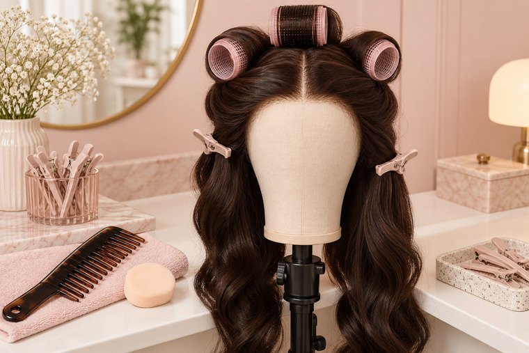 Brown-skinned woman setting the crown of a glossy dark-brown human-hair wig with large rollers on a cream vanity.