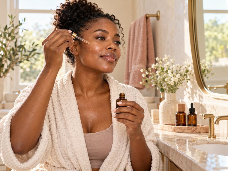 Black woman applying vitamin C serum at a bright cream and blush vanity