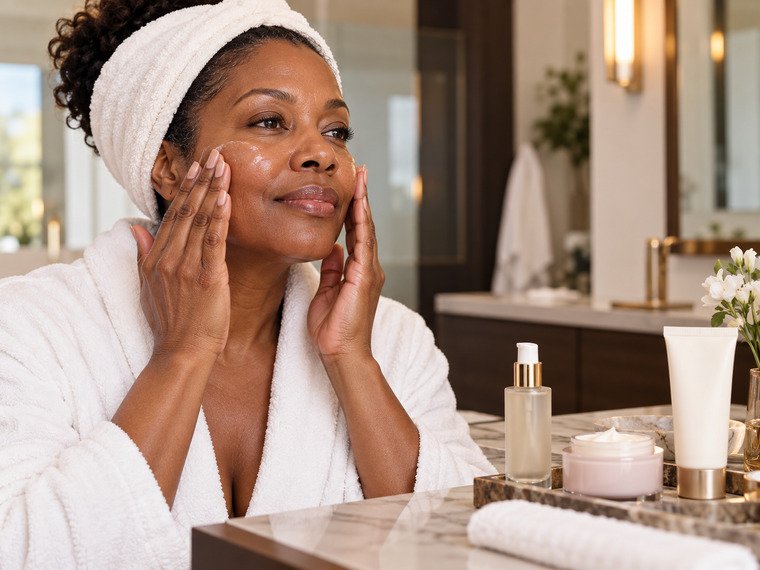 Mature Black woman pressing morning skin care into her face with moisturizer and sunscreen nearby