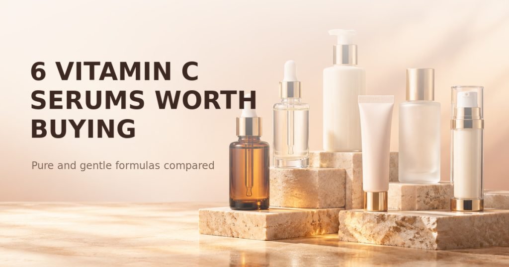Glow & Grow thumbnail showing six unbranded serum containers with the headline 6 Vitamin C Serums Worth Buying