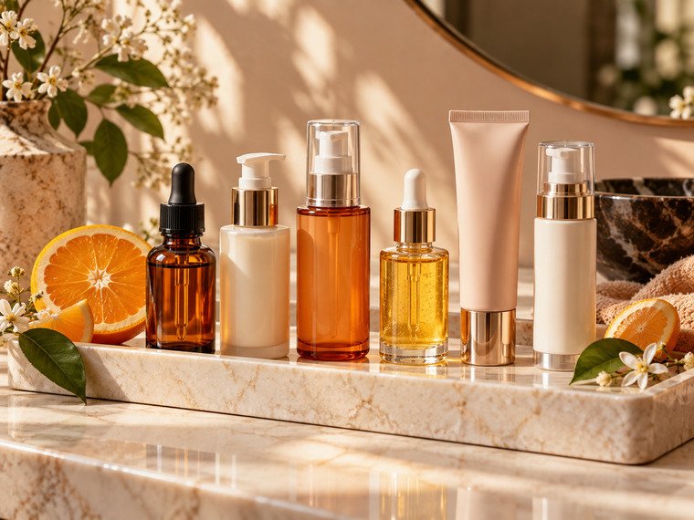 Six unbranded vitamin C serum bottles arranged on a warm cream vanity tray